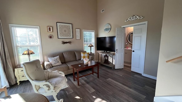 208 Reardon, Rehobeth, AL 36301 - living room featuring dark wood-type flooring, a high ceiling, and baseboards