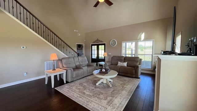 208 Reardon, Rehobeth, AL 36301 - living area with a high ceiling, ceiling fan, dark wood-style floors, baseboards, and stairs