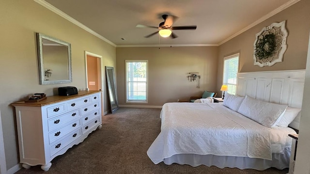 208 Reardon, Rehobeth, AL 36301 - bedroom featuring crown molding, dark carpet, multiple windows, ceiling fan, and baseboards
