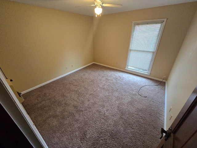 spare room with ceiling fan and carpet