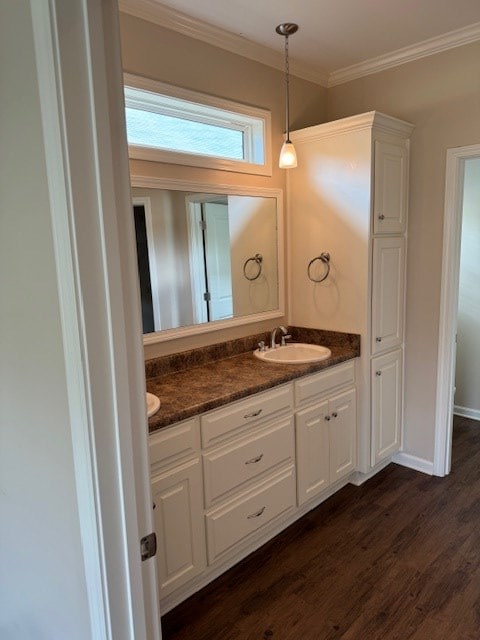 bathroom featuring vanity, ornamental molding, and hardwood / wood-style flooring