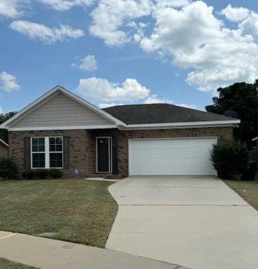 ranch-style house with a front yard and a garage