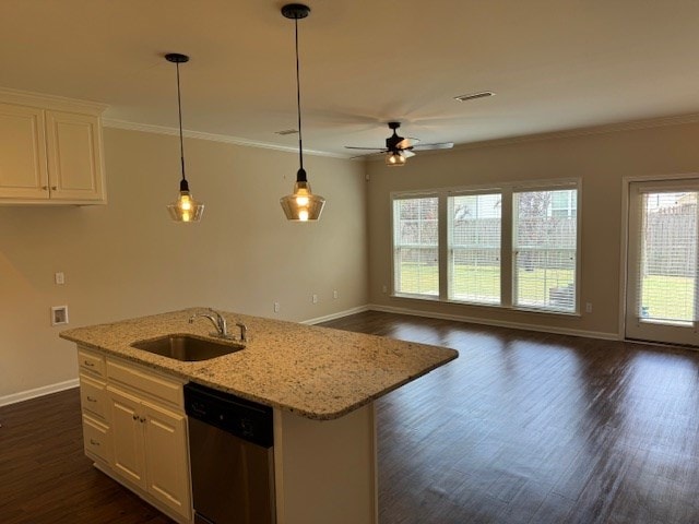 kitchen with white cabinetry, dishwasher, plenty of natural light, and sink