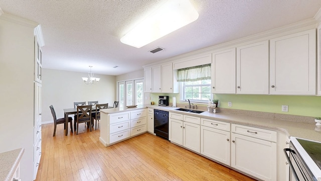kitchen with electric stove, a sink, black dishwasher, visible vents, and white cabinetry