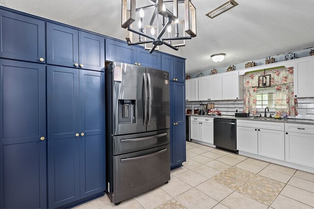 kitchen with stainless steel refrigerator with ice dispenser, white cabinets, a textured ceiling, dishwasher, and light tile patterned flooring