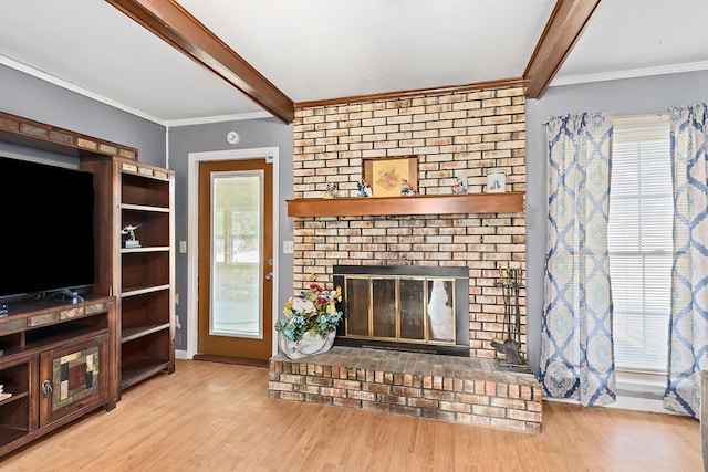 living room with light wood finished floors, beamed ceiling, and crown molding