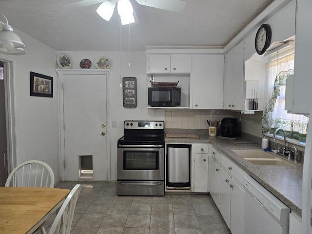 kitchen with dishwasher, stainless steel electric range, white cabinets, sink, and decorative backsplash