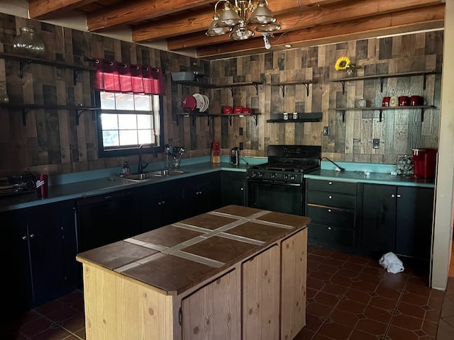 50 Holanna Rd, Morris, GA 39867 - kitchen with black gas range oven, a sink, a center island, a chandelier, and open shelves