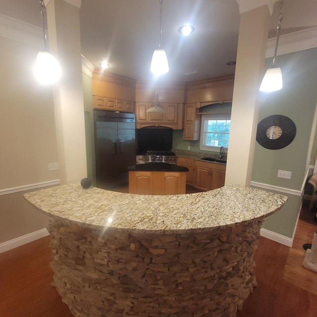 6325 State Highway 95, Abbeville, AL 36310 - kitchen with black fridge, ornamental molding, a kitchen island, dark wood-style floors, and light brown cabinetry