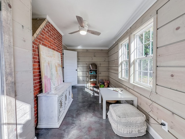 interior space with ceiling fan, plenty of natural light, and wooden walls