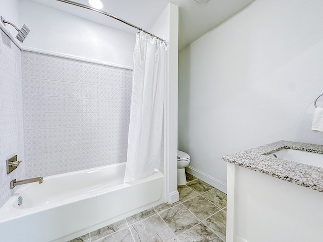 full bathroom with vanity, toilet, and shower / bath combo with shower curtain