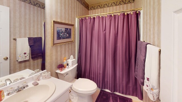 166 Candle Brook Dr, Dothan, AL 36303 - full bathroom featuring wallpapered walls, toilet, vanity, and curtained shower