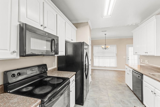 kitchen with black appliances, light tile patterned floors, white cabinets, a chandelier, and hanging light fixtures