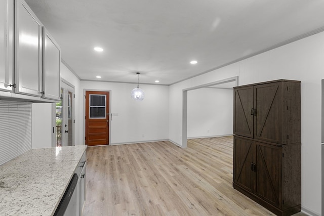 1571 Denton Rd, Dothan, AL 36303 - kitchen featuring ornamental molding, light wood-style flooring, light stone countertops, pendant lighting, and recessed lighting