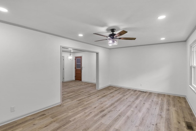 1571 Denton Rd, Dothan, AL 36303 - spare room with recessed lighting, ornamental molding, ceiling fan, and light wood-style flooring