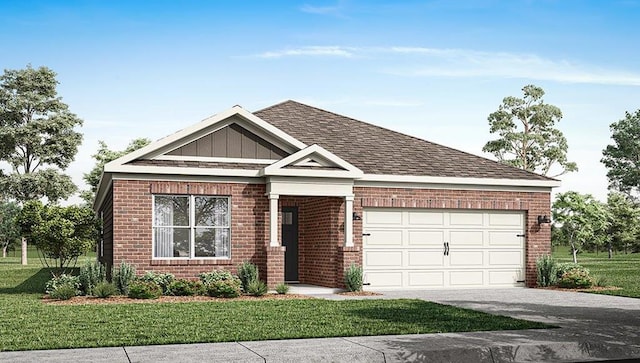 view of front of property with driveway, a garage, brick siding, board and batten siding, and a front yard