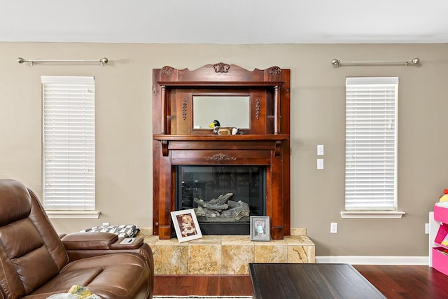 living room featuring baseboards, a fireplace with raised hearth, and wood finished floors