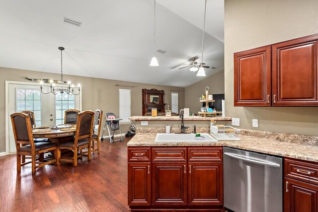 kitchen with dark wood-type flooring, dark brown cabinets, dishwasher, a sink, and lofted ceiling