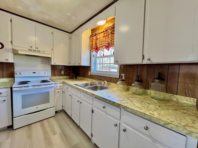 kitchen with under cabinet range hood, electric range, white cabinets, and a sink
