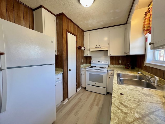 kitchen with white appliances, wooden walls, under cabinet range hood, and a sink