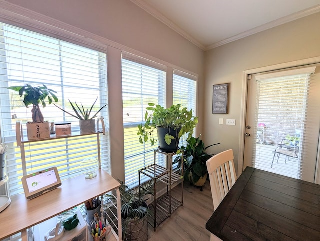 office with ornamental molding and wood finished floors