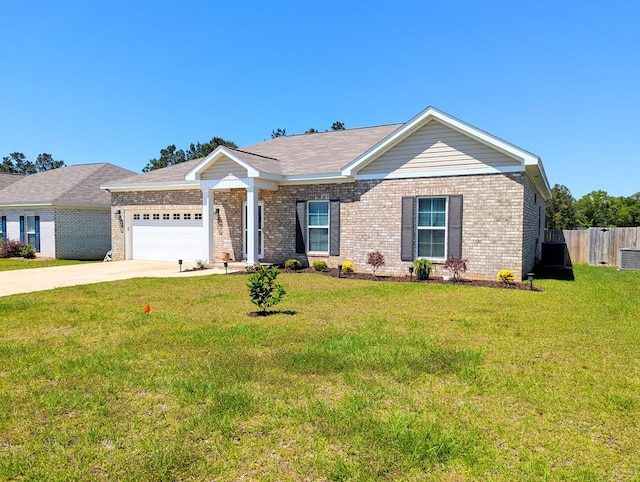 ranch-style house featuring concrete driveway, a garage, a front lawn, and brick siding