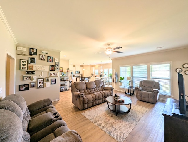 living room with ceiling fan, crown molding, light wood finished floors, and baseboards