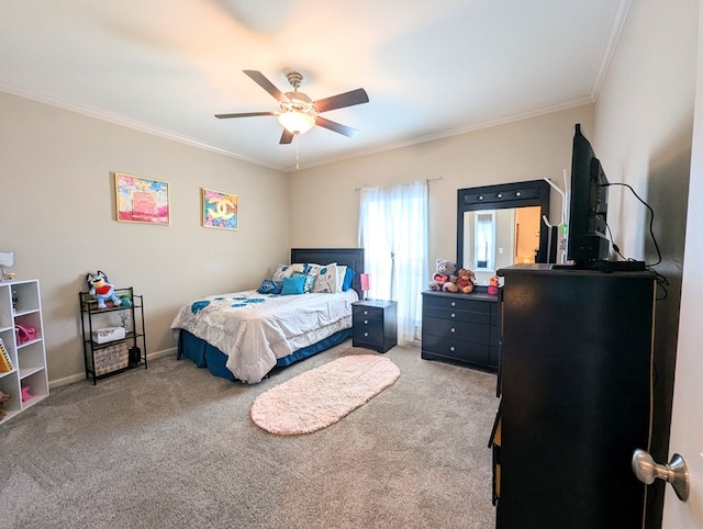 bedroom with baseboards, ceiling fan, light colored carpet, and crown molding