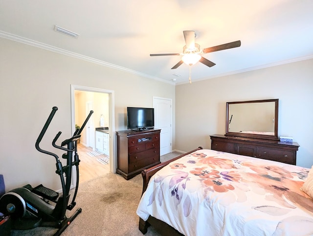 bedroom with visible vents, baseboards, ornamental molding, light carpet, and a ceiling fan