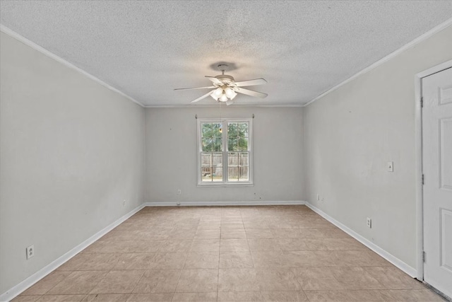 spare room featuring a textured ceiling, ceiling fan, and ornamental molding