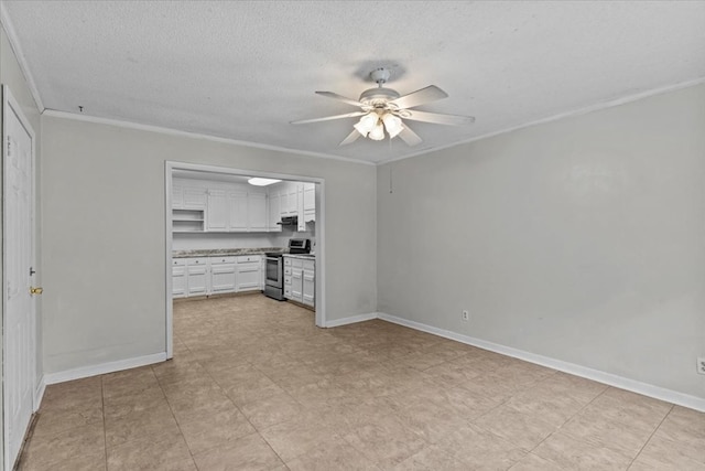 kitchen featuring a textured ceiling, ceiling fan, crown molding, stainless steel stove, and white cabinetry