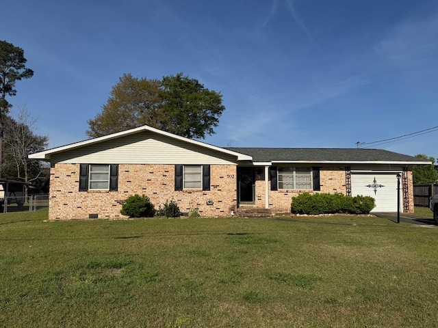 ranch-style house with a garage, brick siding, and crawl space