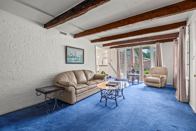 702 Highland St, Dothan, AL 36301 - living room with brick wall, carpet, and beamed ceiling