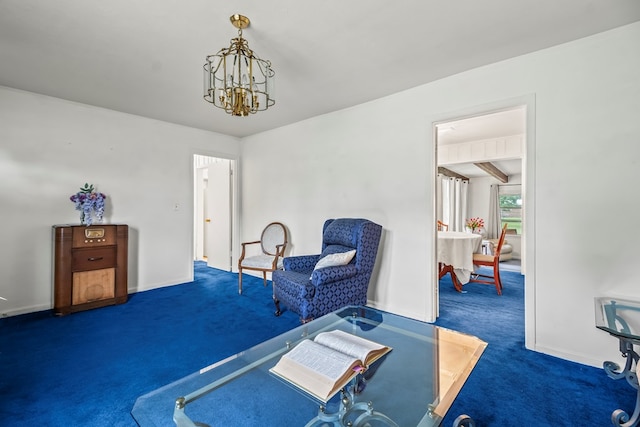 702 Highland St, Dothan, AL 36301 - living area with carpet floors, a chandelier, beam ceiling, and baseboards