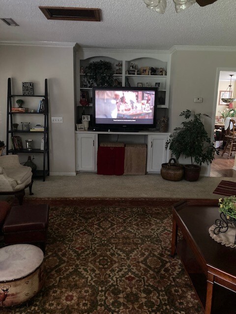 carpeted living room featuring a textured ceiling, built in features, and ornamental molding