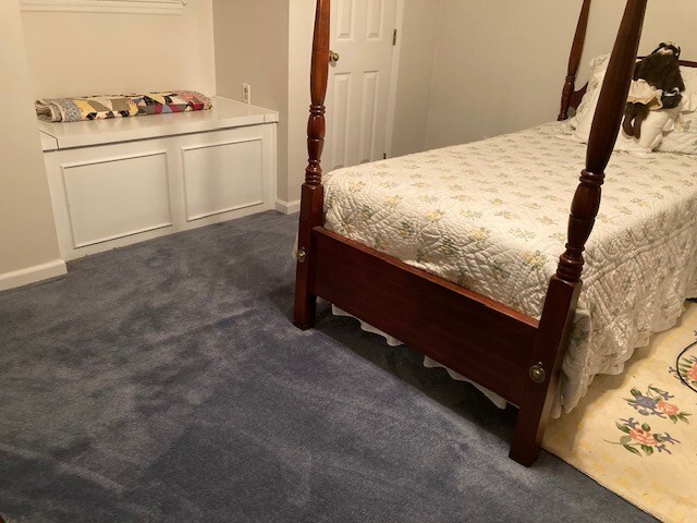 bedroom with dark carpet