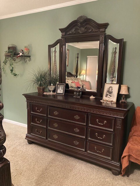 interior space featuring carpet flooring and crown molding