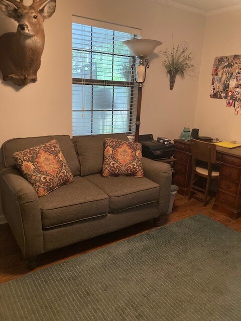 living room with dark hardwood / wood-style floors and crown molding