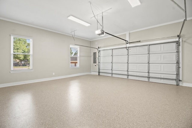 garage featuring a garage door opener, electric panel, and baseboards
