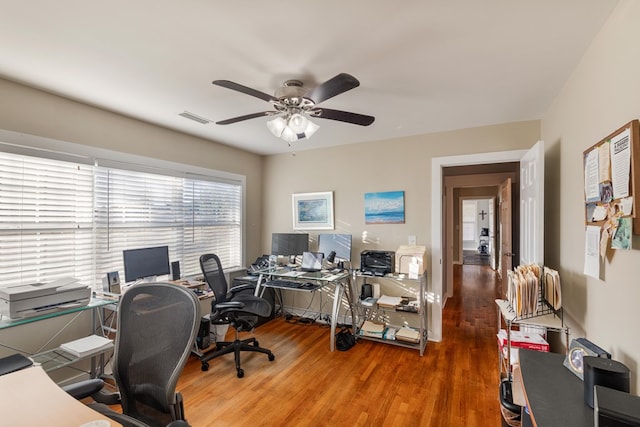 office area featuring ceiling fan and hardwood / wood-style flooring