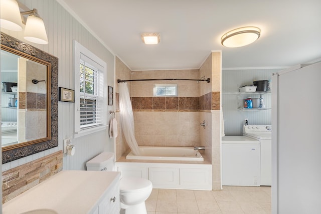 full bathroom featuring shower / bath combination with curtain, vanity, crown molding, tile patterned flooring, and toilet