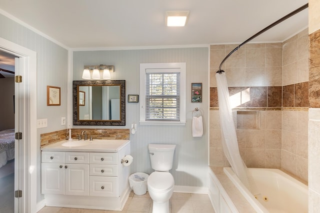 full bathroom featuring tile patterned flooring, toilet, vanity, shower / tub combo, and ornamental molding