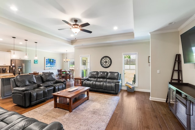 465 Choc Hill Rd, Dothan, AL 36303 - living area with plenty of natural light, a ceiling fan, dark wood-style floors, a tray ceiling, and crown molding