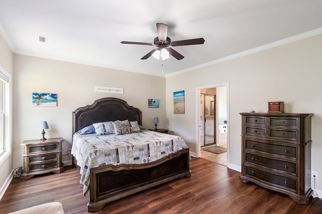 465 Choc Hill Rd, Dothan, AL 36303 - bedroom with dark wood-style flooring, crown molding, ensuite bath, and ceiling fan