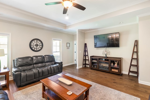 465 Choc Hill Rd, Dothan, AL 36303 - living room with wood finished floors, ceiling fan, a raised ceiling, ornamental molding, and recessed lighting