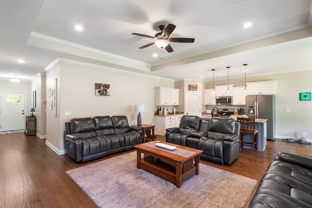 465 Choc Hill Rd, Dothan, AL 36303 - living area with ceiling fan, dark wood-type flooring, recessed lighting, and crown molding