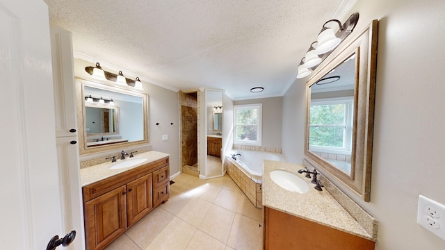 bathroom with shower with separate bathtub, vanity, a textured ceiling, and ornamental molding