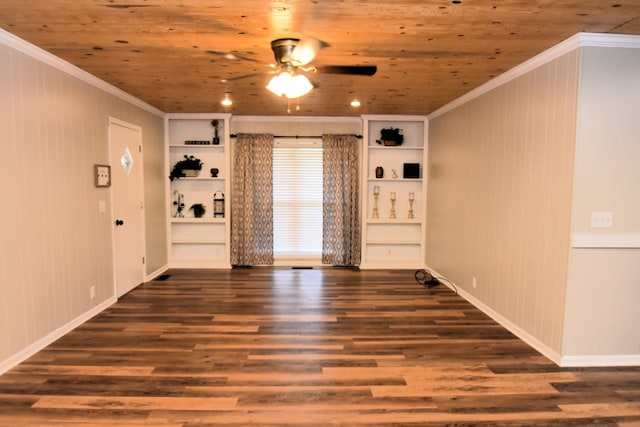 208 Pinehurst Dr, Enterprise, AL 36330 - unfurnished living room with ornamental molding, ceiling fan, built in features, wood finished floors, and wooden ceiling