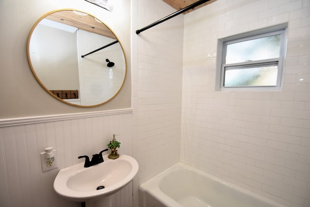 208 Pinehurst Dr, Enterprise, AL 36330 - bathroom with a sink, wainscoting, and shower / bath combination
