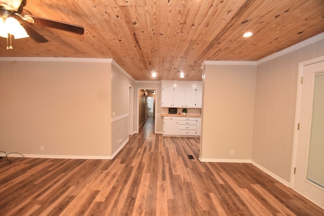 208 Pinehurst Dr, Enterprise, AL 36330 - unfurnished living room with wood ceiling, wood finished floors, ornamental molding, ceiling fan, and recessed lighting